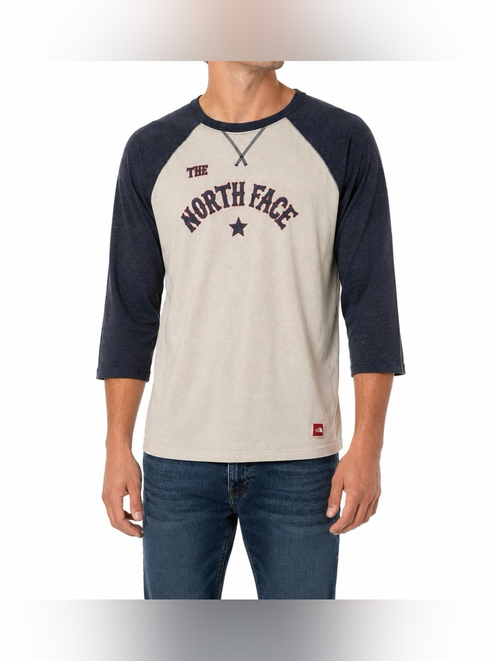 The North Face Graphic Raglan T Shirt Beige Gray 3/4 Sleeve Size L